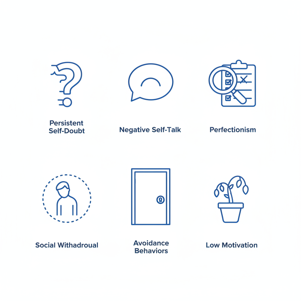 Grid of six line art icons in blue depicting common signs of low self-esteem: question mark for self-doubt, frowning speech bubble for negative self-talk, magnifying glass on checklist for perfectionism, isolated person for social withdrawal, closed door for avoidance, and drooping plant for low motivation.