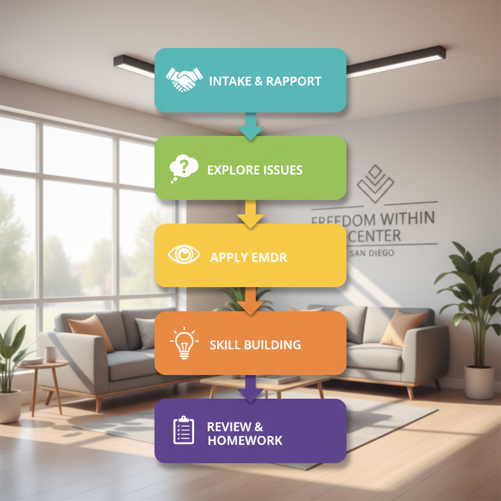 Vertical process flow diagram illustrating five stages of a self-esteem therapy session