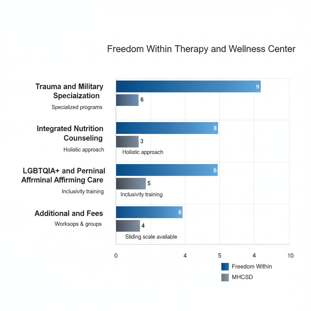 Horizontal bar chart comparing key mental health service aspects between Freedom Within Therapy and Wellness Center and Mental Health Center San Diego