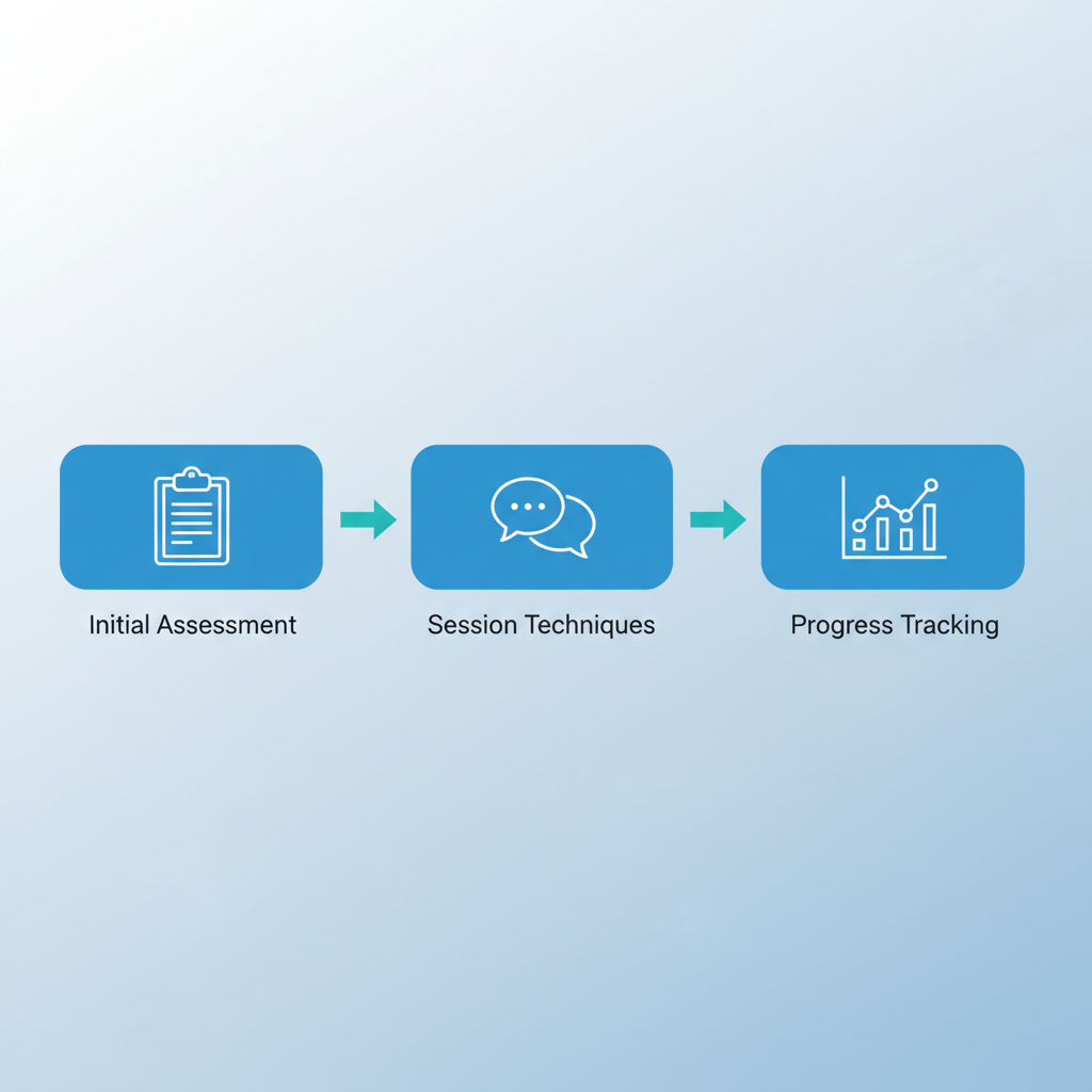 Horizontal process flow diagram illustrating the three stages of men's therapy in San Diego: initial assessment, session structure, and progress tracking with icons and arrows.