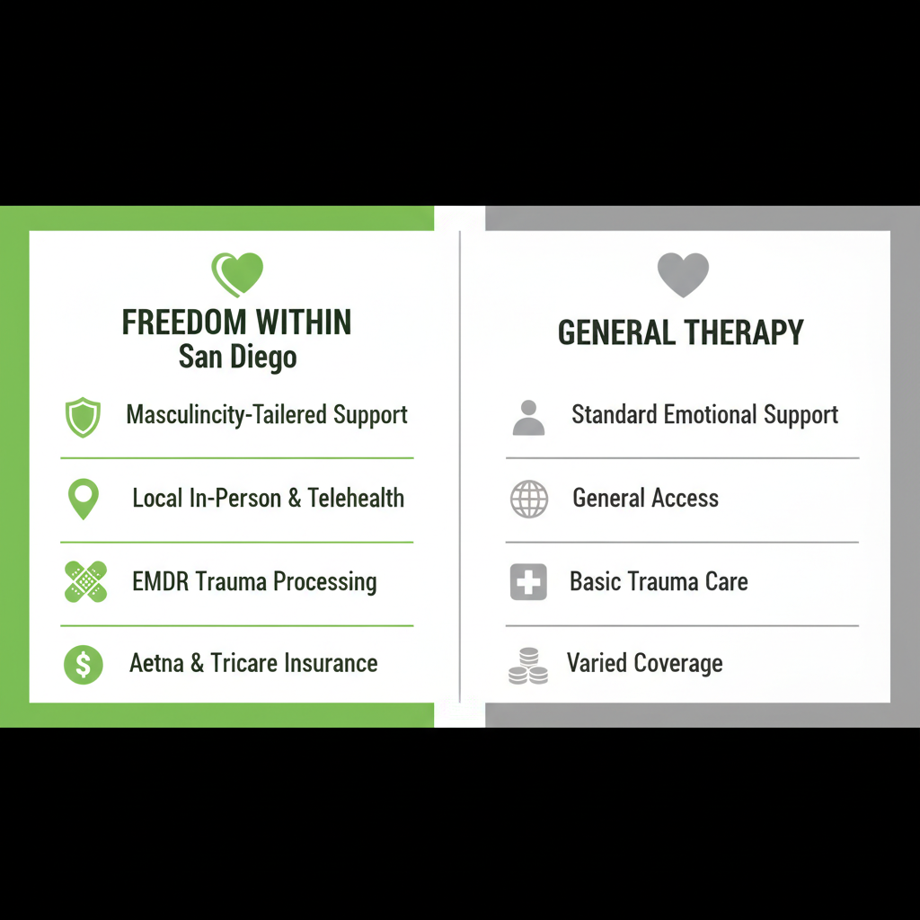 Side-by-side infographic comparing specialized men's therapy benefits at Freedom Within Center in San Diego to general therapy, highlighting emotional support, accessibility, trauma care, and insurance with icons.