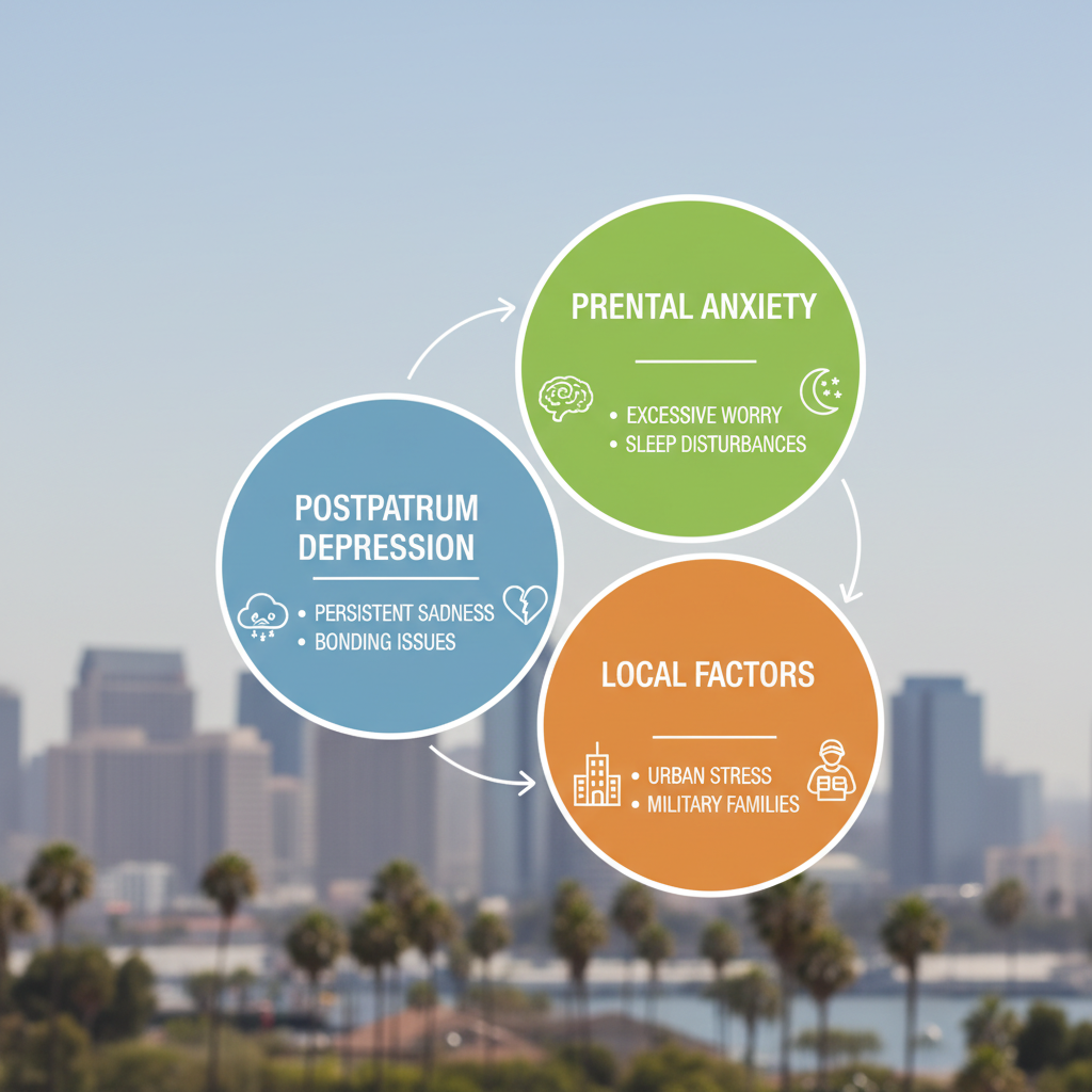 Infographic depicting interconnected challenges of postpartum depression, prenatal anxiety, and local San Diego factors in perinatal mental health.