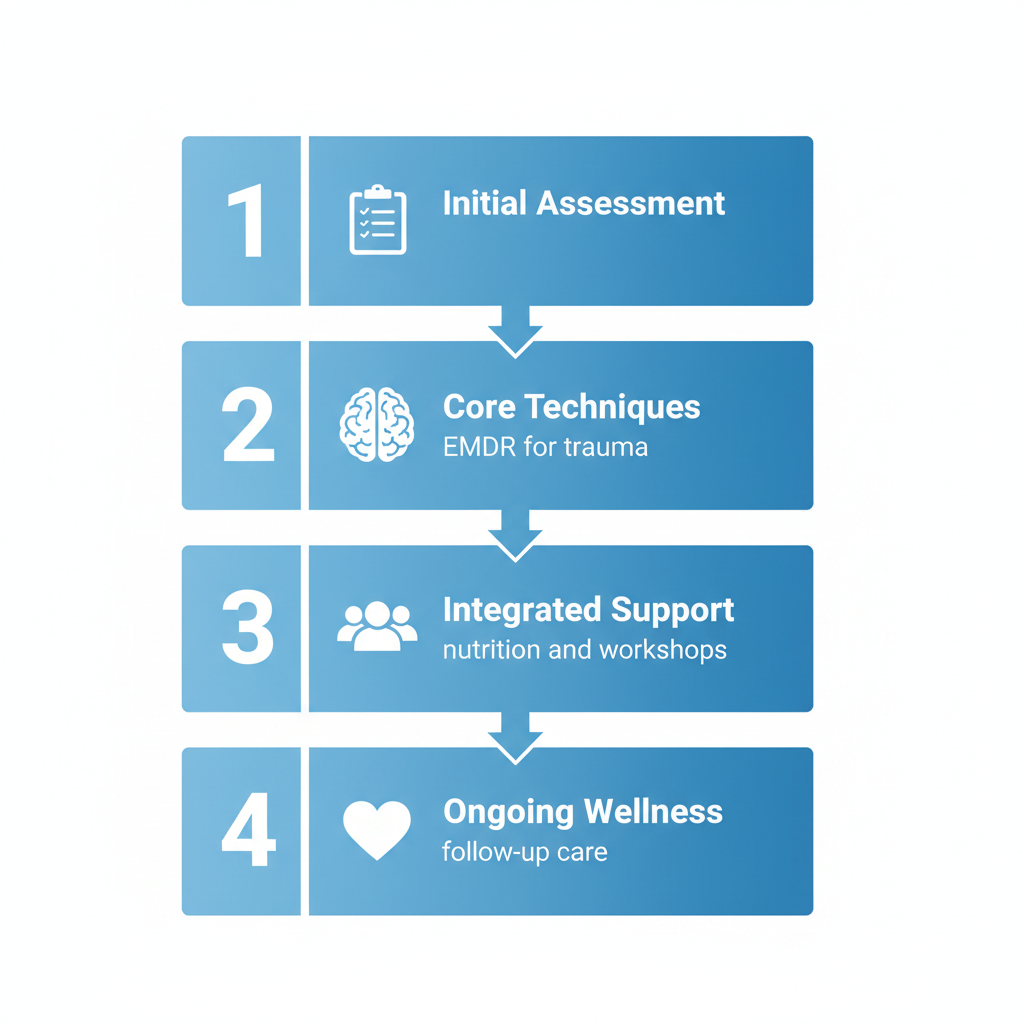 Vertical process flow diagram showing four steps of perinatal mental health therapy including assessment, techniques, support, and wellness.