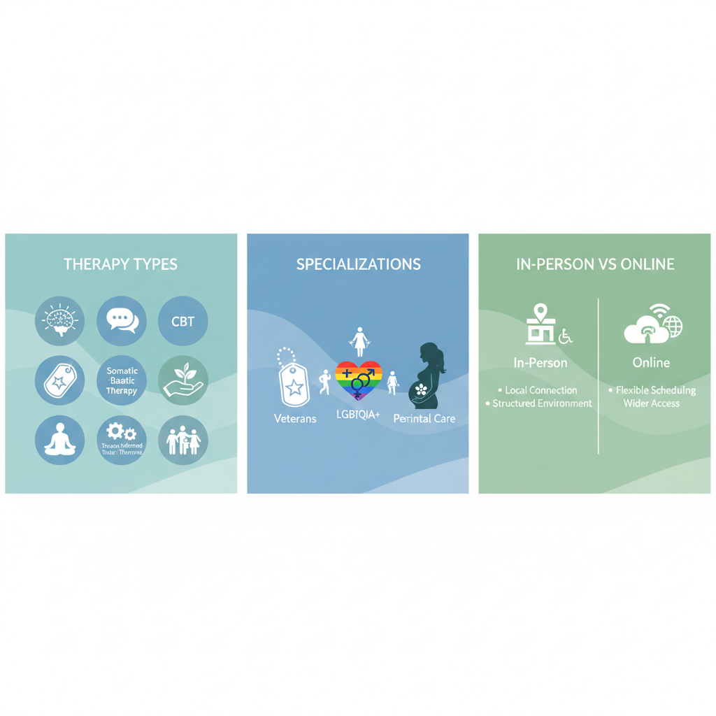Infographic illustrating therapy types, specializations, and in-person versus online options in San Diego