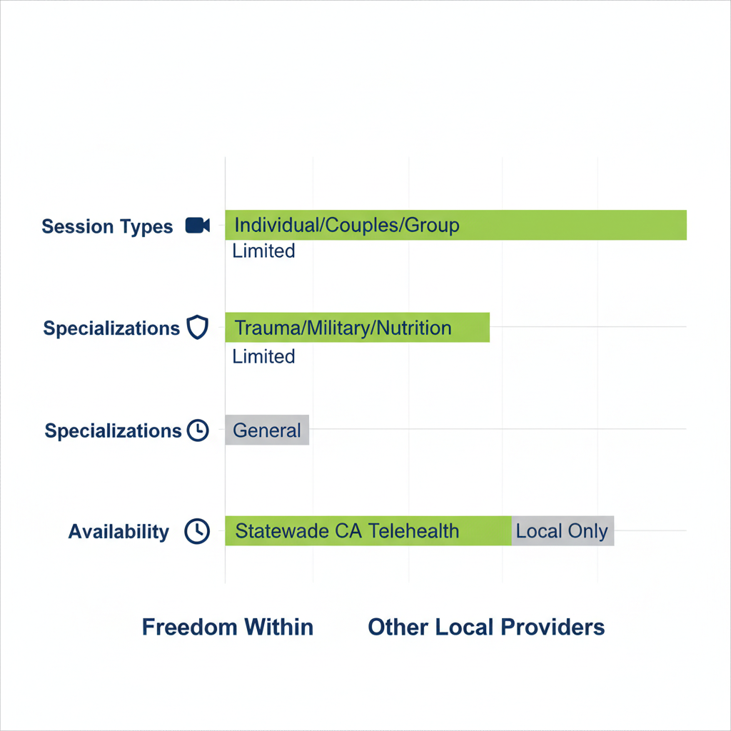 Bar chart comparing online therapy providers in San Diego, showing Freedom Within's strengths in session types, specializations, and availability.