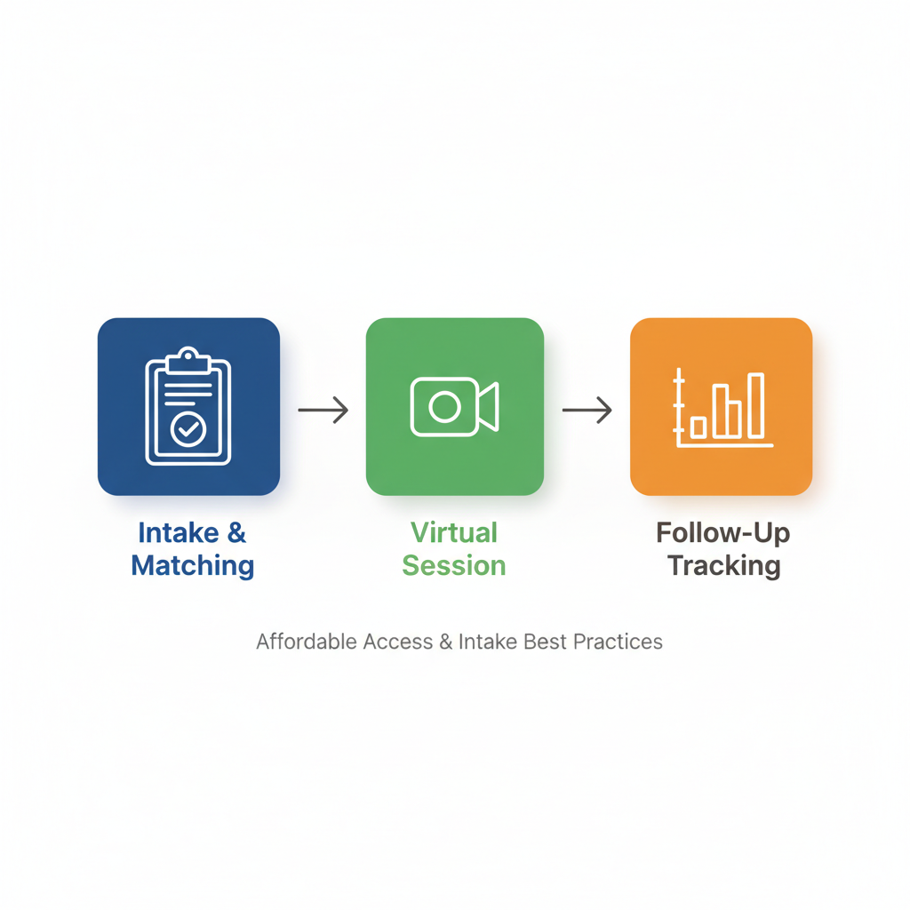 Horizontal process flow diagram illustrating the three stages of online therapy sessions at Freedom Within: initial intake, virtual session, and follow-up tracking.