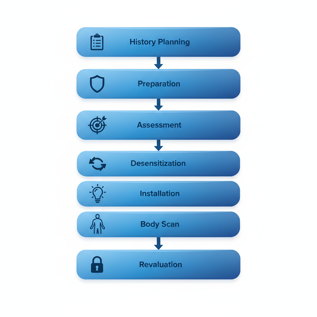 Vertical process flow diagram of the eight-phase EMDR therapy protocol for trauma healing.