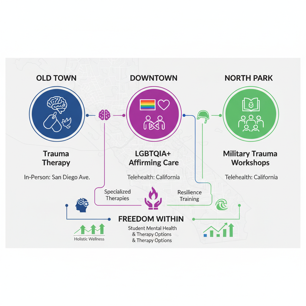 Infographic comparing mental health counseling access across San Diego neighborhoods Old Town, Downtown, and North Park with icons for trauma therapy, veteran support, LGBTQIA+ care, and military workshops