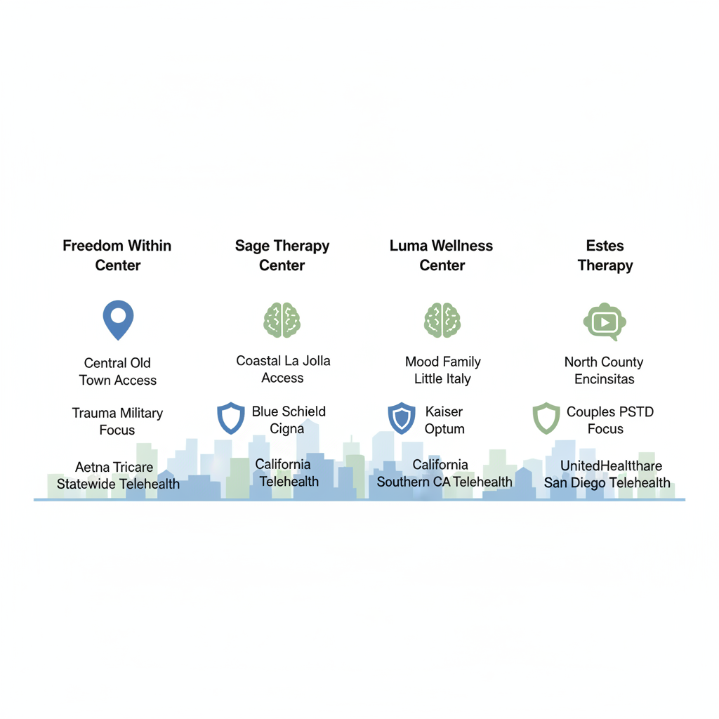 Infographic comparing four San Diego mental health clinics on location, specializations, insurance, and telehealth features