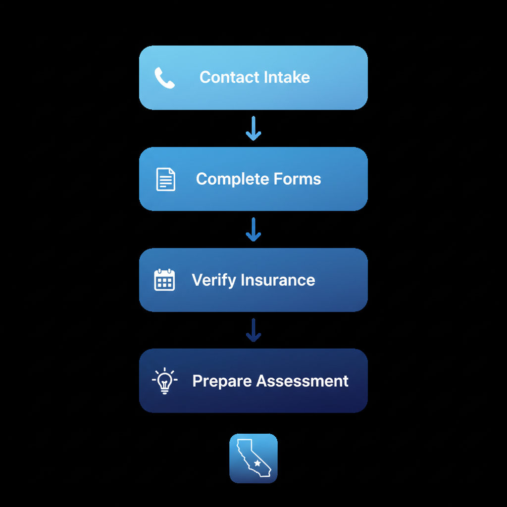 Vertical process flow diagram showing five steps to begin counseling at Freedom Within Center in San Diego
