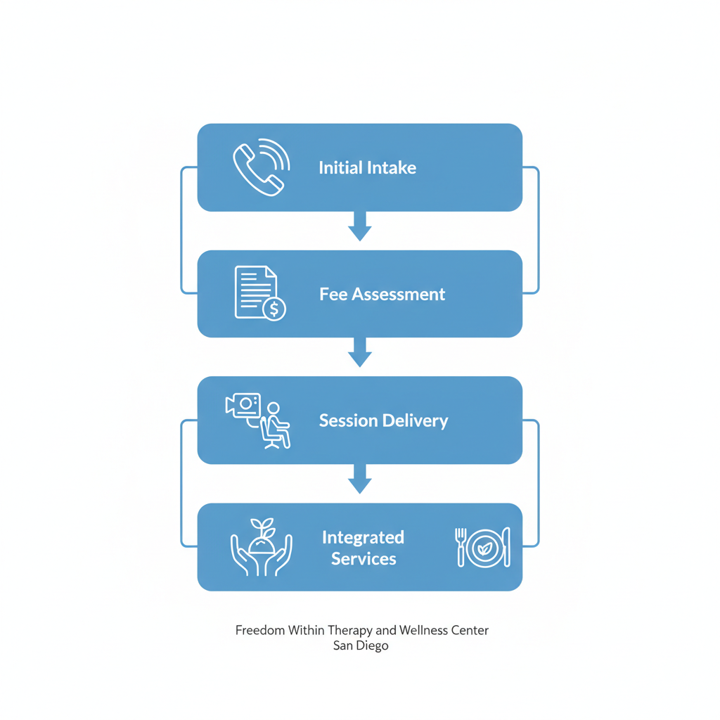 Vertical process flow diagram showing steps for affordable therapy at Freedom Within: intake, fee assessment, sessions, and integration.