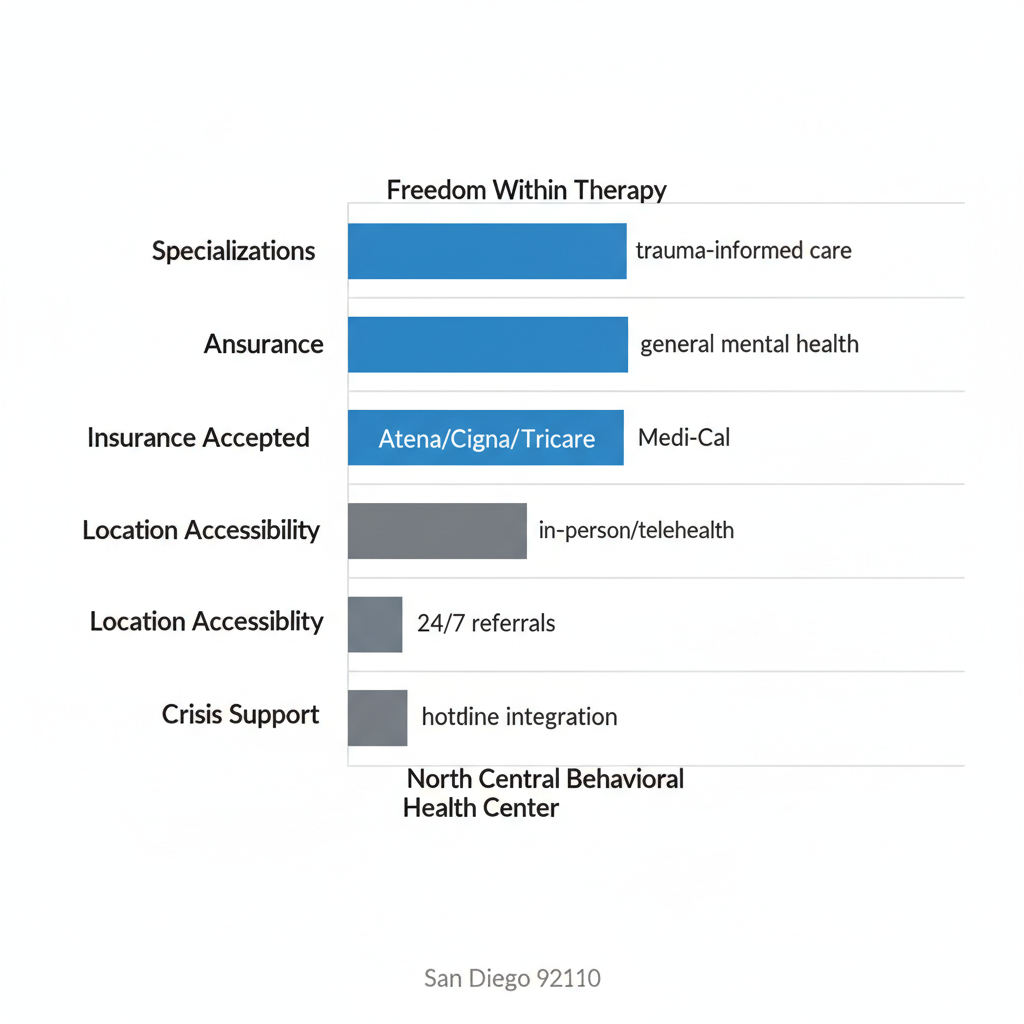 Horizontal bar chart comparing key features of Freedom Within and North Central Behavioral Health clinics in San Diego 92110