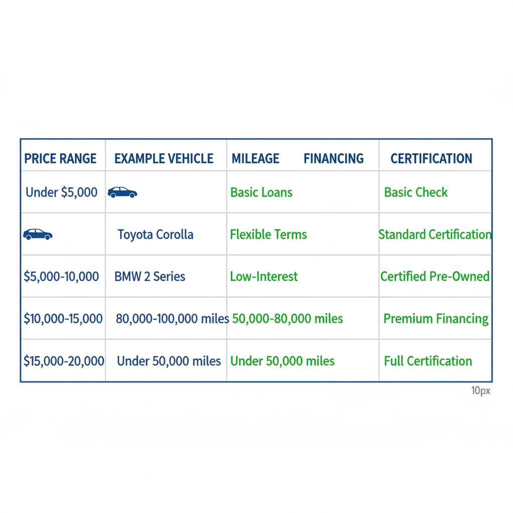 Data visualization table comparing four used car price brackets in Fort Lauderdale, featuring vehicle examples, mileage ranges, loan options, and certifications.