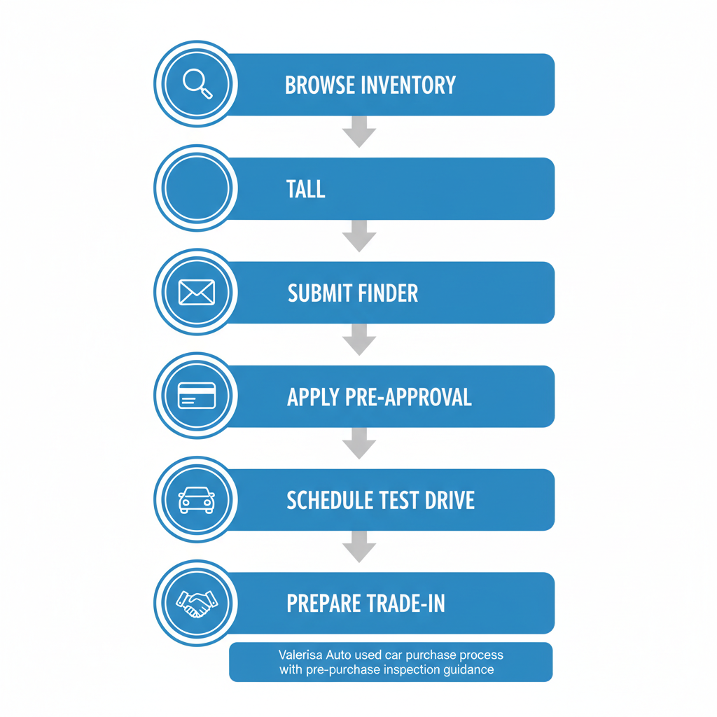 Vertical process flow diagram illustrating five steps to start a used car purchase at Valerisa Auto, including browsing inventory, financing, and test drive scheduling.