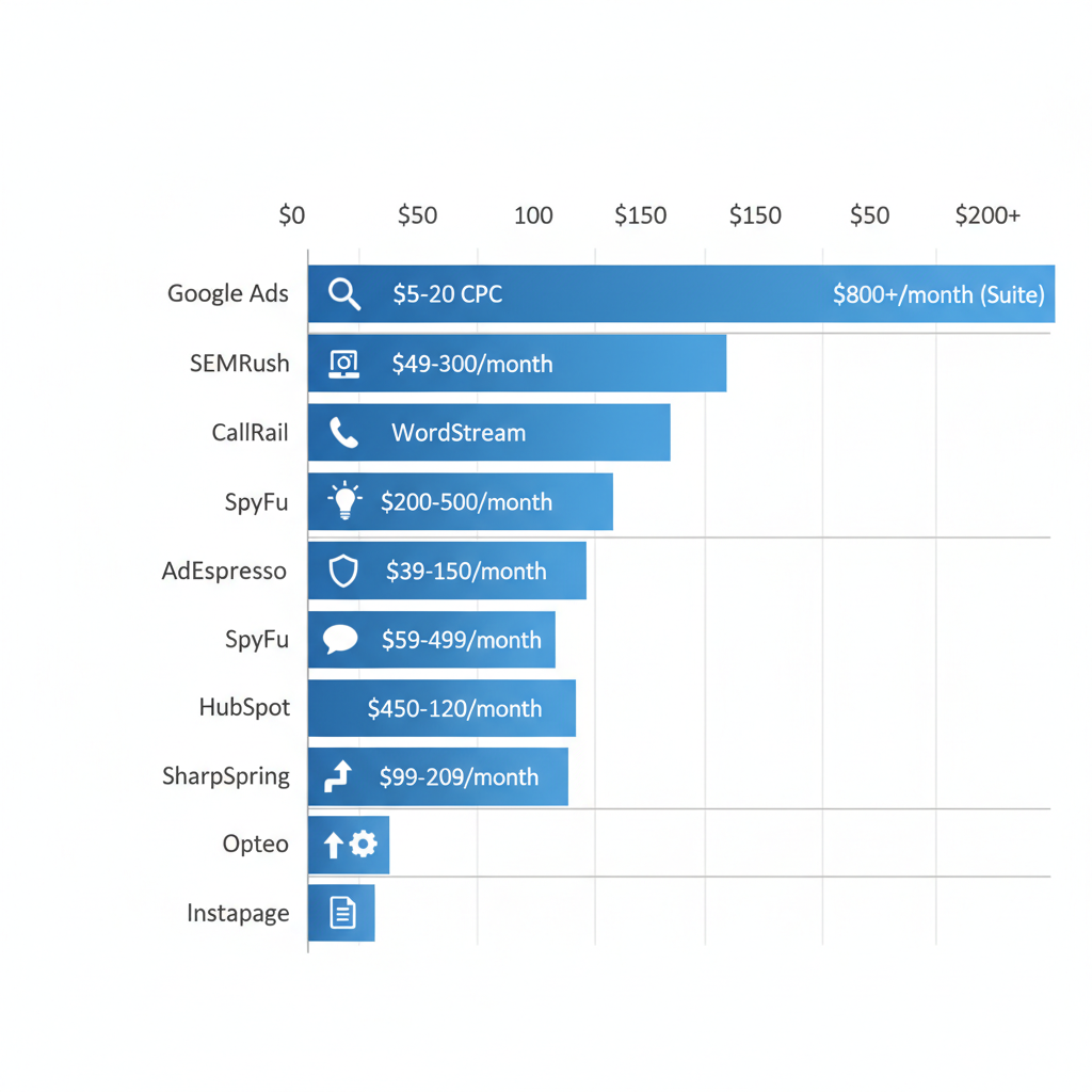 Horizontal bar chart comparing pricing of top 10 roofing PPC tools with blue gradient bars and pros icons