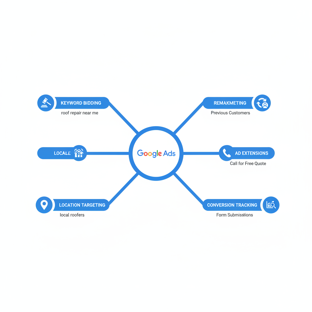 Infographic of Google Ads key features for roofers including keyword bidding, location targeting, ad extensions, remarketing, and conversion tracking