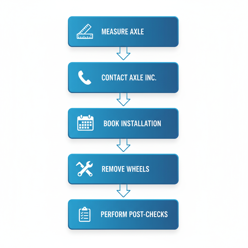 Vertical process flow diagram illustrating five steps for trailer axle replacement: measuring, contacting, booking, preparing, and post-checking