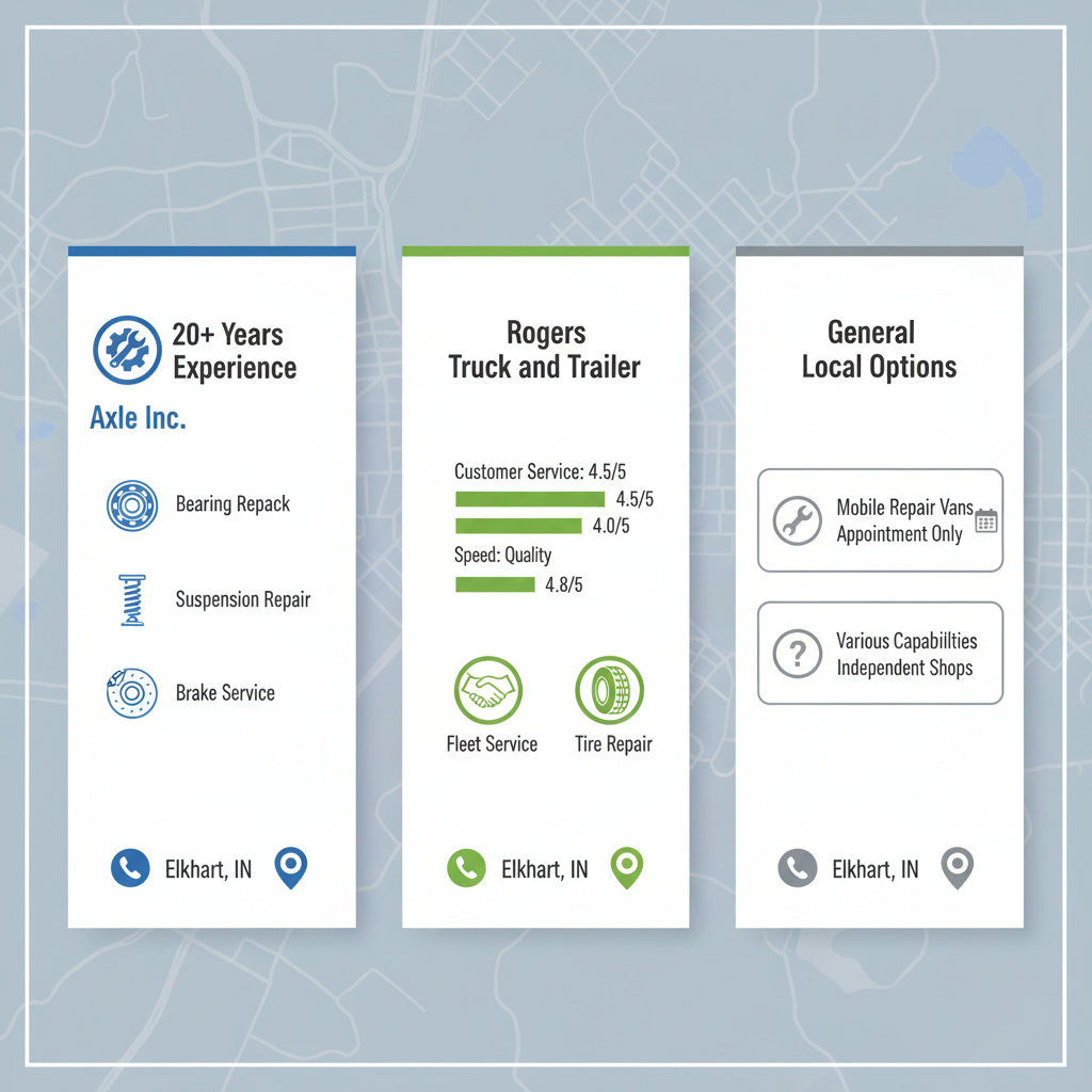 Infographic comparing trailer repair shops in Elkhart area including Axle Inc., Rogers Truck and Trailer, and local options with icons, ratings, and services.