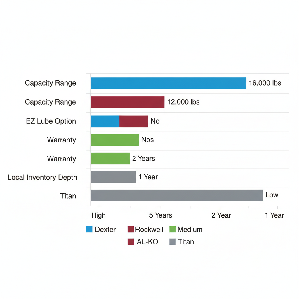 Horizontal bar chart comparing Dexter axles features against Rockwell, AL-KO, and Titan in Elkhart trailer market