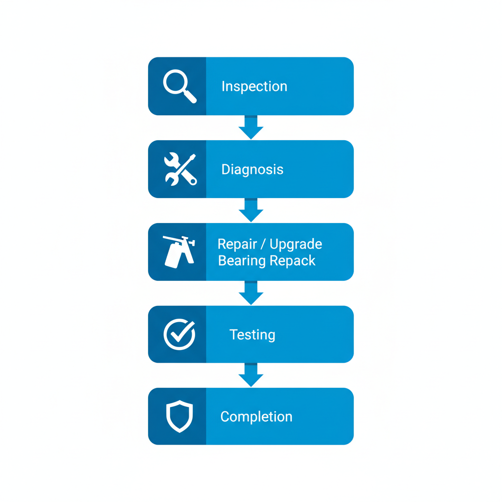 Vertical process flow diagram illustrating five steps for Dexter axle repair: inspection, diagnosis, repair with bearing repack, testing, and completion at Axle Inc. in Elkhart.