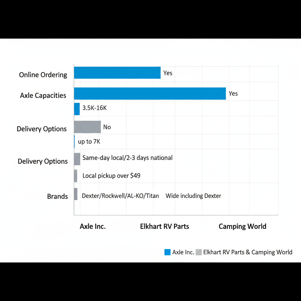 Horizontal bar chart comparing trailer parts suppliers in Elkhart area by online ordering, axle capacities, delivery options, and brands