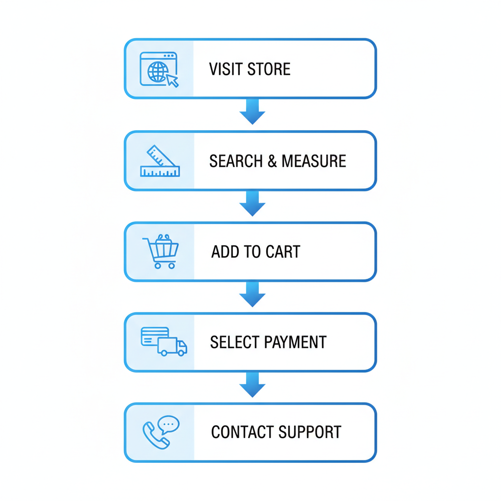 Vertical process flow diagram illustrating steps to order trailer parts online from Axle Inc., including visiting the store, searching, adding to cart, payment, and support contact.