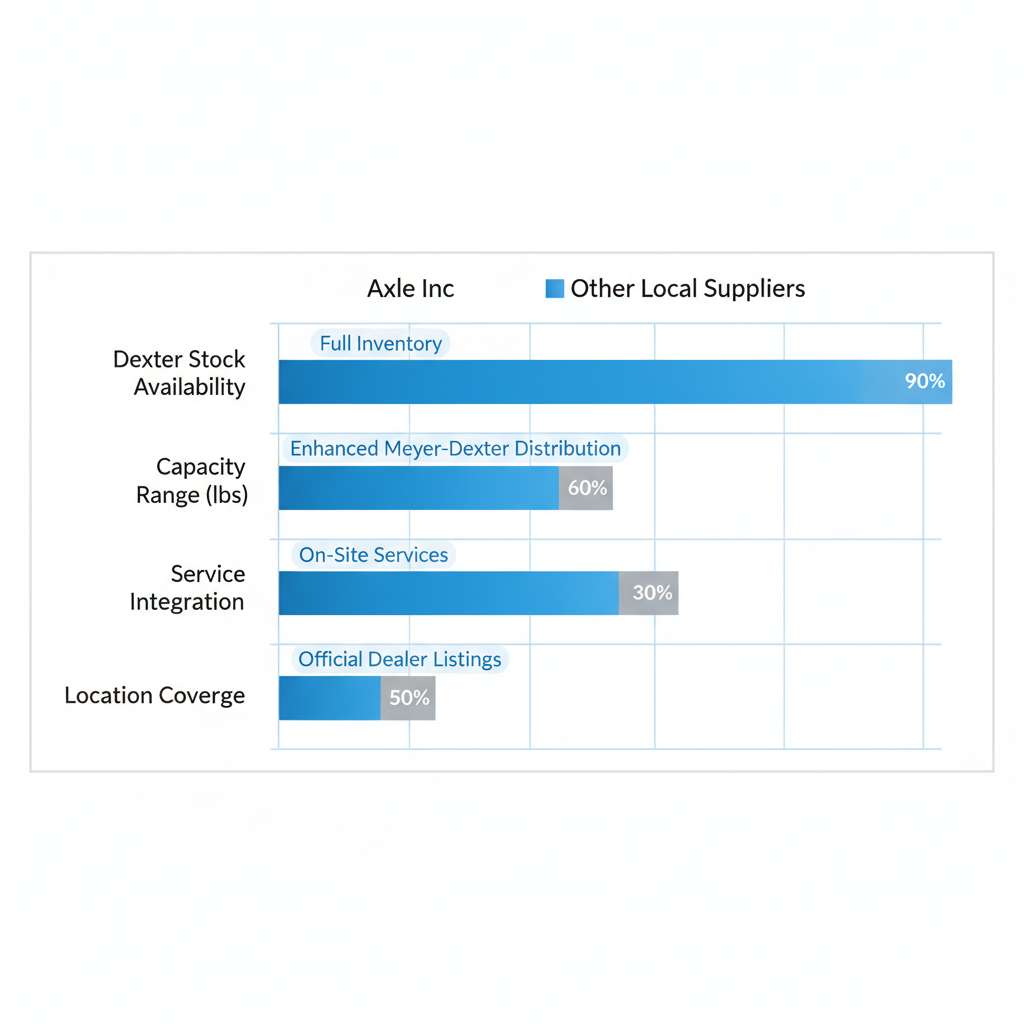 Horizontal bar chart comparing trailer axle distributors including Axle Inc. and local suppliers in Elkhart by stock, capacity, services, and coverage