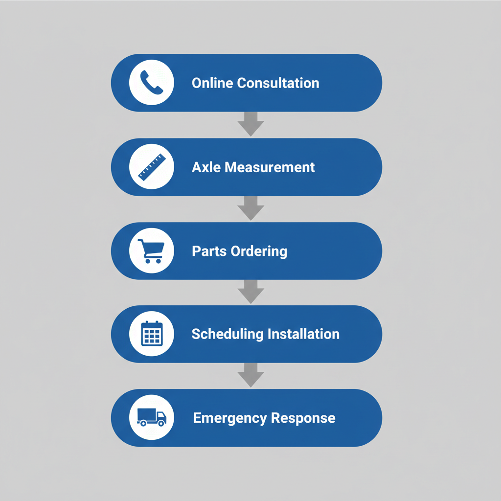 Vertical process flow diagram illustrating five key stages for initiating a Dexter axle project: online consultation, axle measurement, parts ordering, installation scheduling, and emergency response.