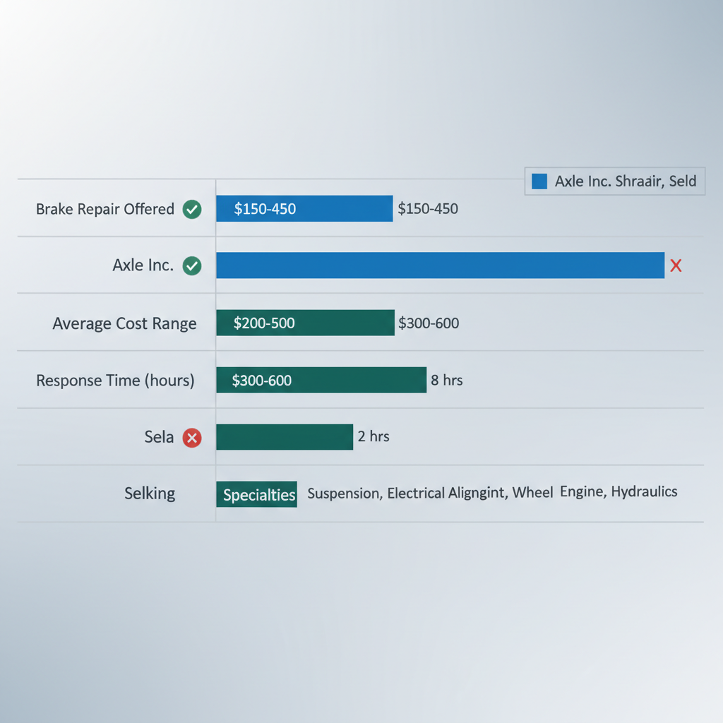 Bar chart comparing key metrics for trailer repair providers in South Bend: Axle Inc., Shraders Tire, and Selking.