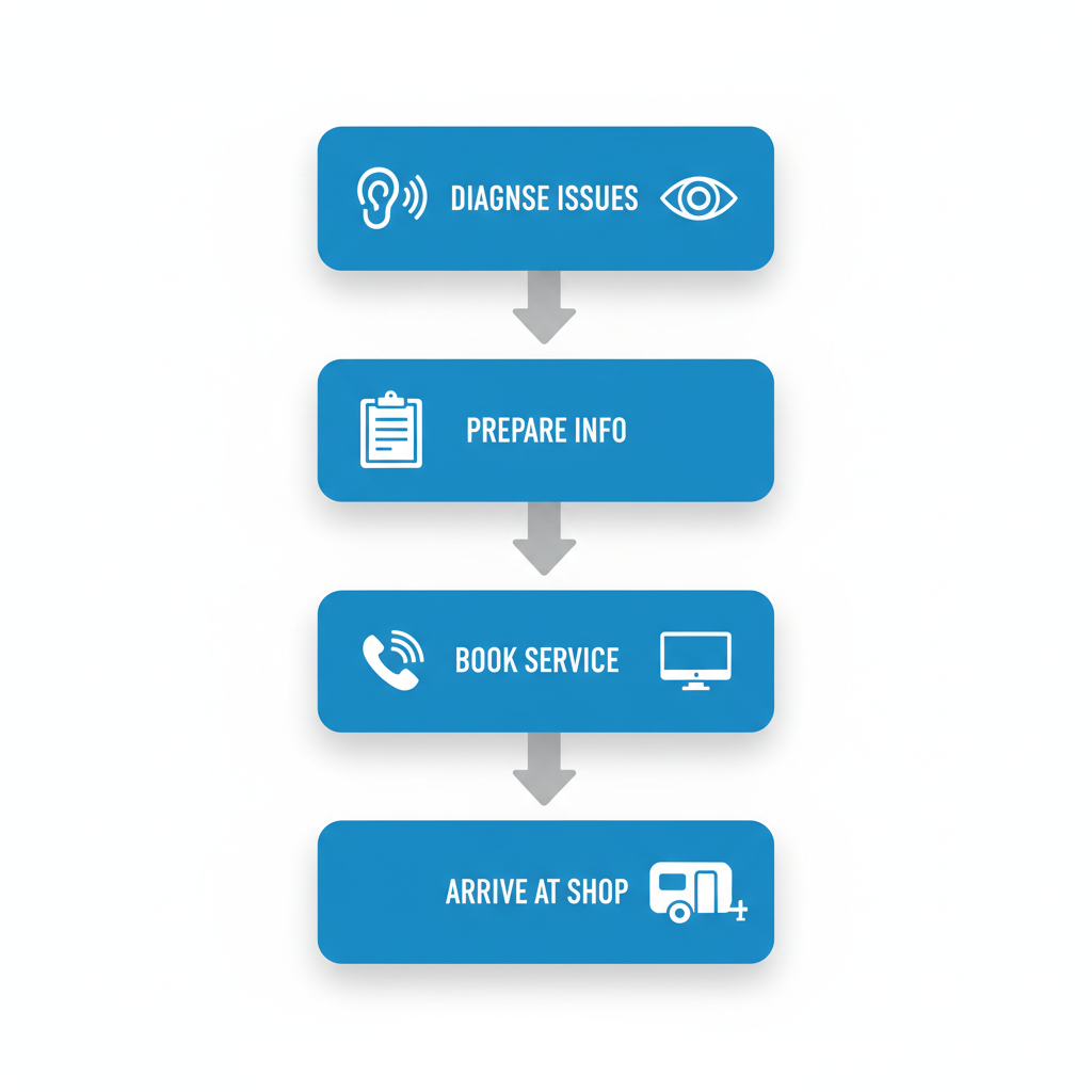 Vertical process flow diagram showing four steps to start trailer brake repair: diagnose, prepare info, book service, arrive at shop.