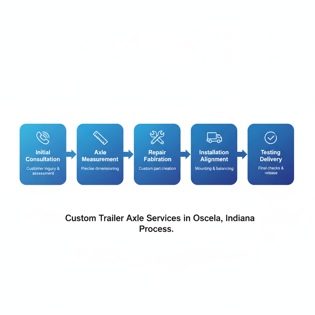 Horizontal process flow diagram illustrating custom trailer axle services steps from consultation to delivery