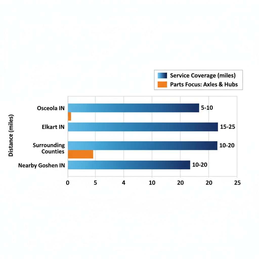 Horizontal bar chart comparing distances to trailer service areas around Osceola and Elkhart, Indiana, with parts focus indicators.