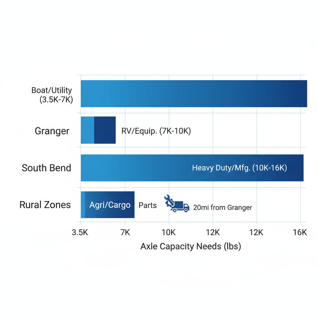 Horizontal bar chart comparing trailer axle capacity needs in Granger, South Bend, Elkhart, and rural Indiana areas with service icons