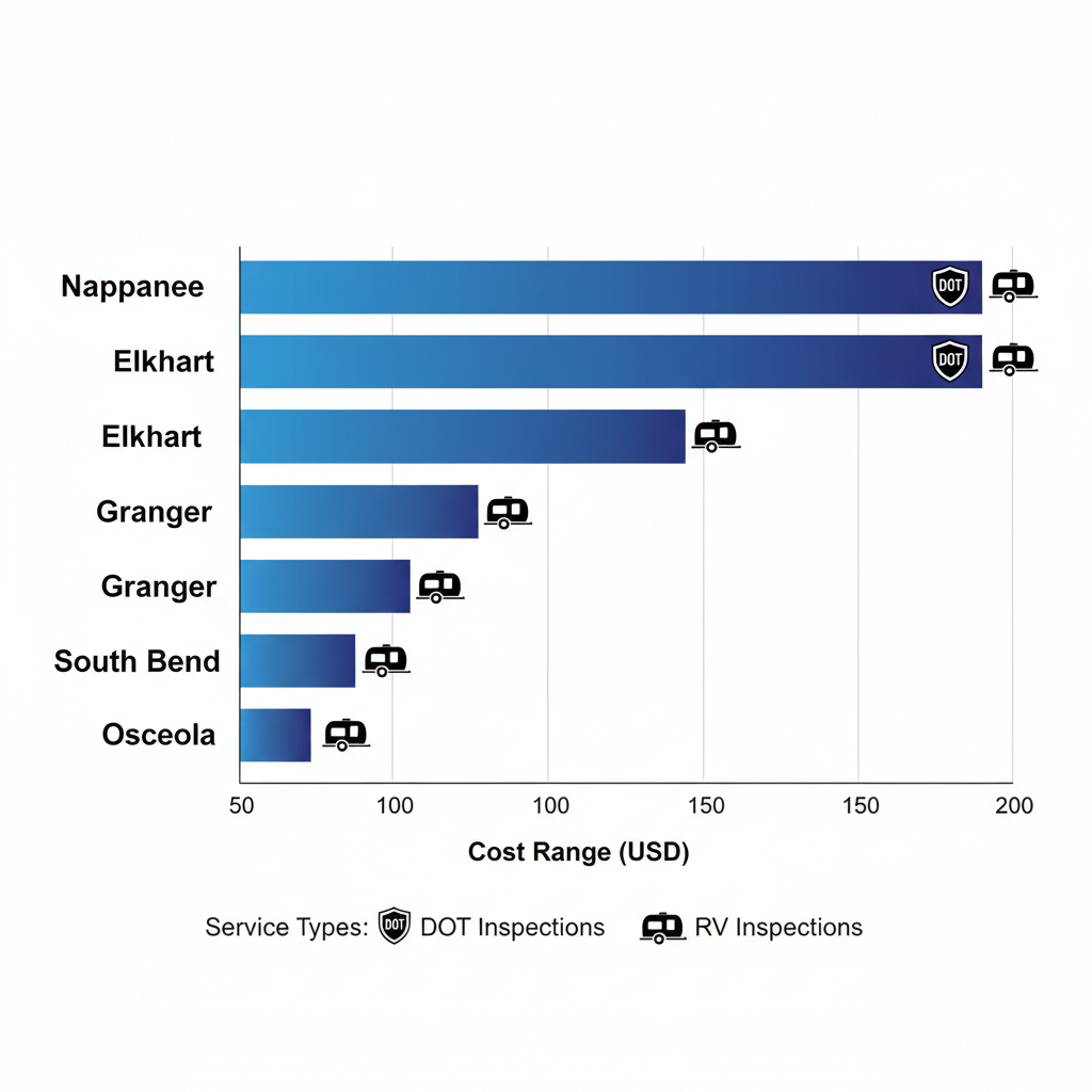 Horizontal bar chart comparing average costs for trailer inspections in northern Indiana areas: Nappanee, Elkhart, Granger, South Bend, Osceola with DOT and RV icons