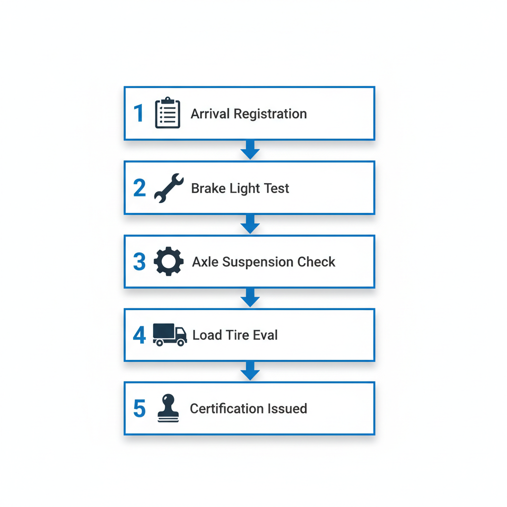 Horizontal process flow diagram of trailer DOT inspection steps with icons and arrows