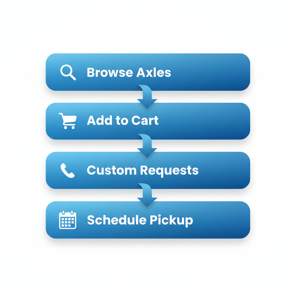 Process flow diagram illustrating steps to order trailer parts: browsing catalog, adding to cart, custom requests, and scheduling pickup or repair.