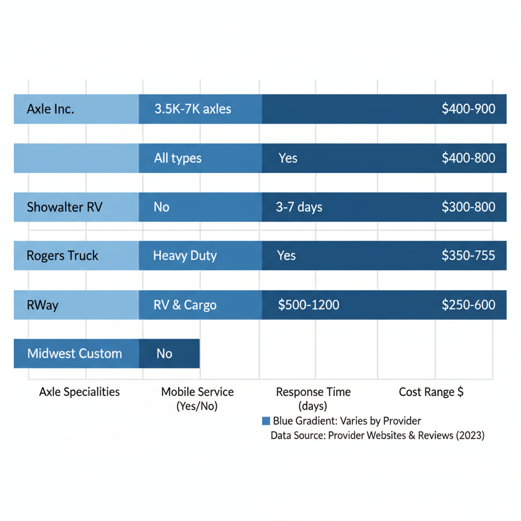 Horizontal bar chart comparing trailer repair providers in Nappanee and Elkhart areas by axle specialties, mobile service, response time, and cost range.