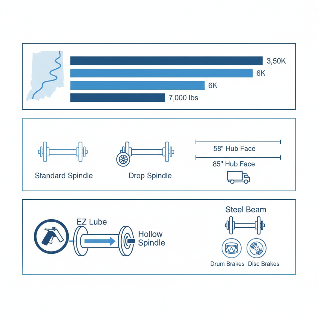 Infographic illustrating capacity ratings, spindle types, beam lengths, and EZ Lube features of Dexter trailer axles.
