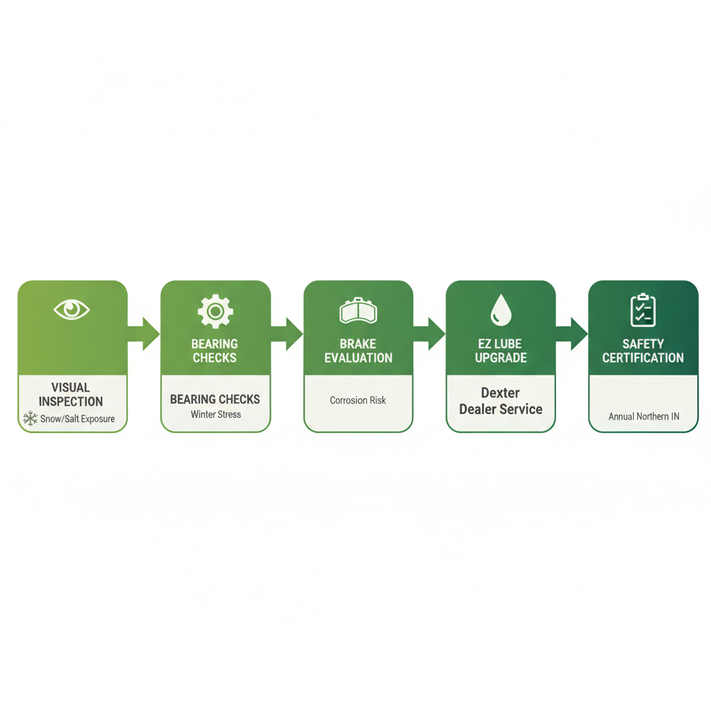 Horizontal process flow diagram illustrating five key steps for trailer axle maintenance in northern Indiana