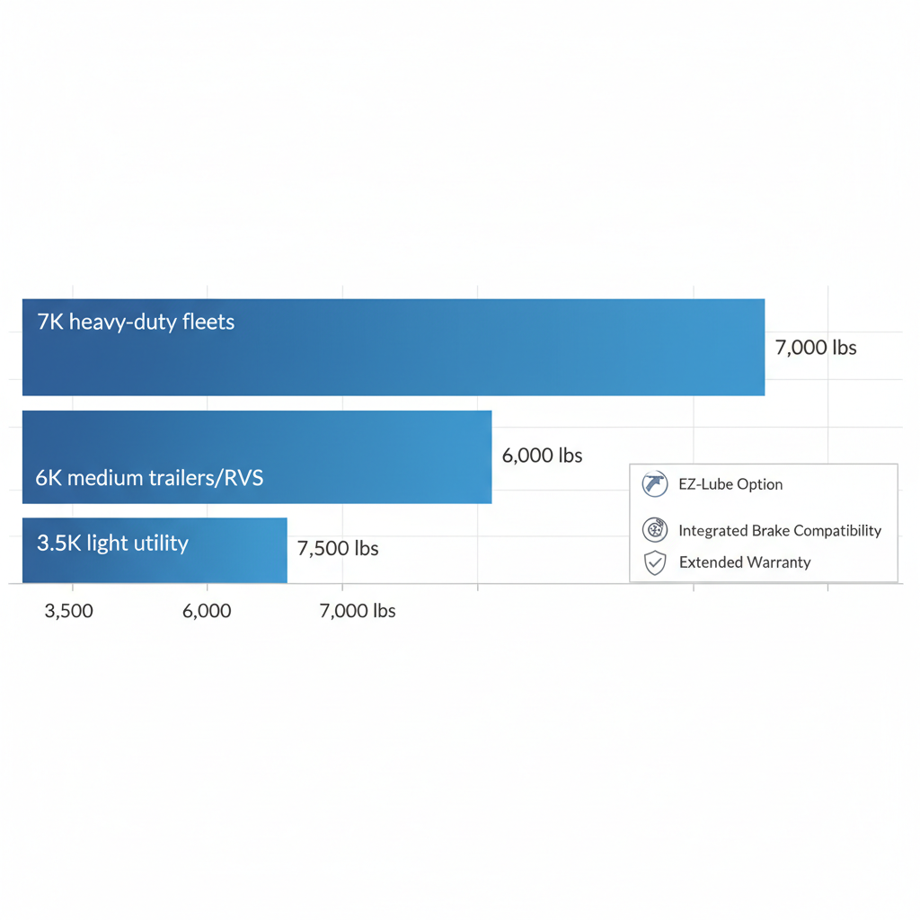 Horizontal bar chart comparing capacities of Dexter 3.5K, 6K, and 7K axle models with applications and benefit icons