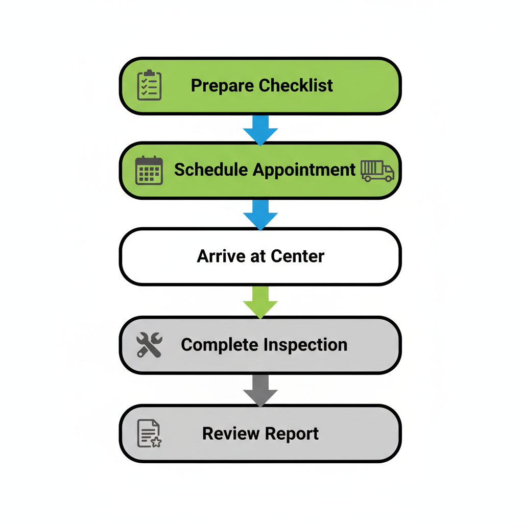 Vertical process flow diagram illustrating five steps for trailer inspections in Edwardsburg: preparing checklist, scheduling appointment, arriving at service center, completing inspection, and reviewing report.