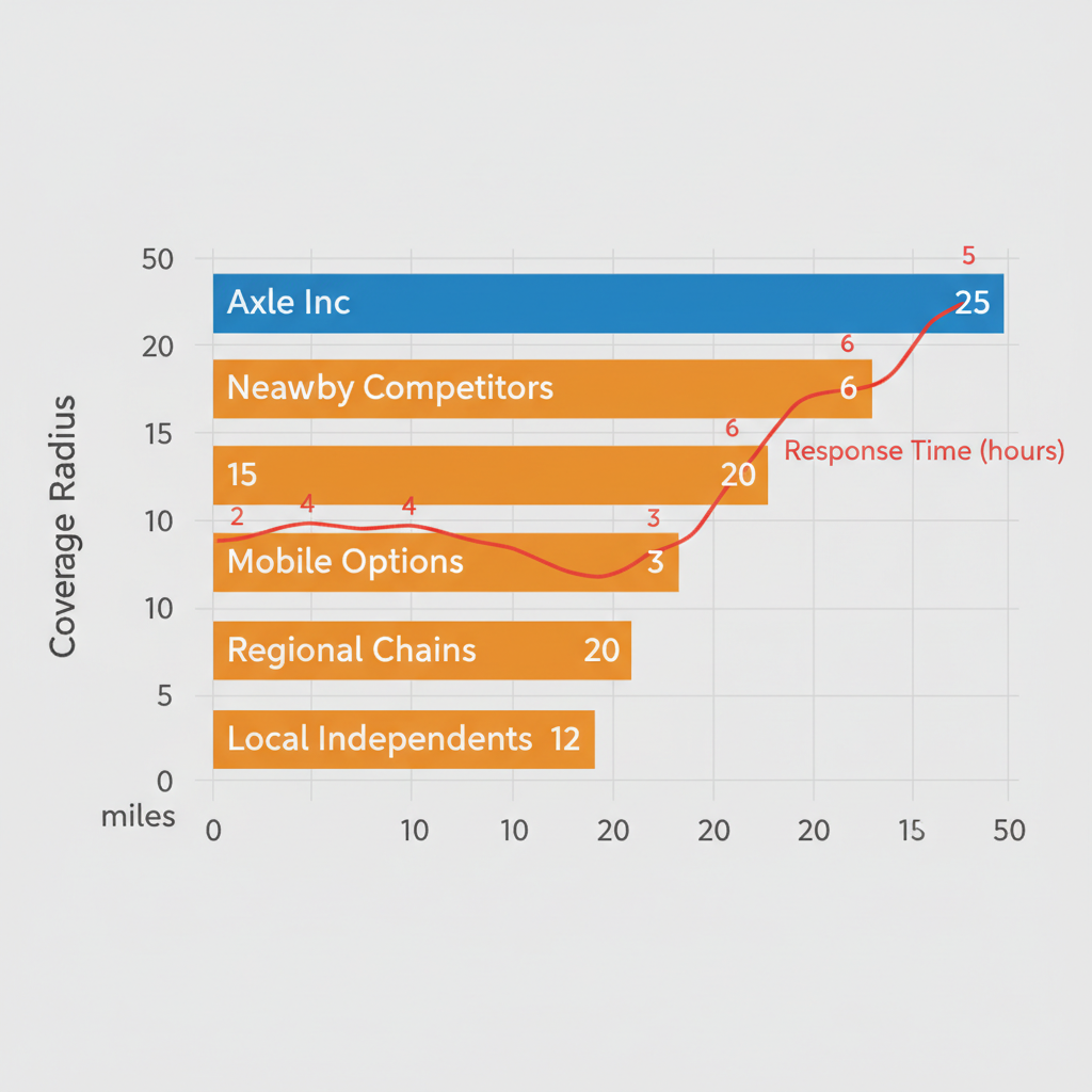 Horizontal bar chart comparing trailer inspection coverage radii for Axle Inc. and competitors around Elkhart