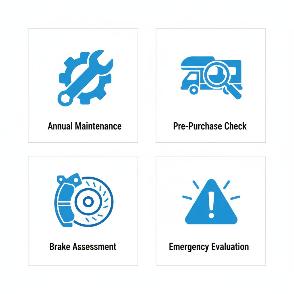 2x2 grid of flat icons depicting trailer inspection services: wrench for maintenance, magnifying glass for RV check, brake pad for assessment, and alert for emergency evaluation