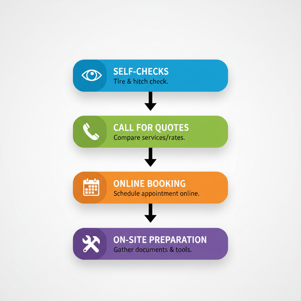 Vertical process flow diagram illustrating steps to initiate trailer axle services: self-checks, call for quotes, online booking, and on-site preparation with icons.