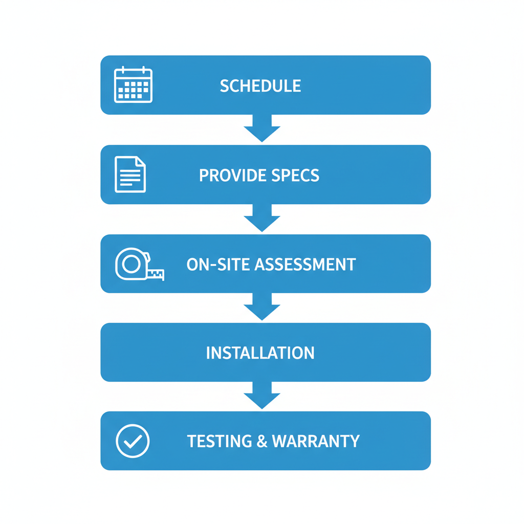 Vertical process flow diagram showing five steps for securing custom axle services: schedule, provide specs, on-site assessment, installation, testing and warranty.