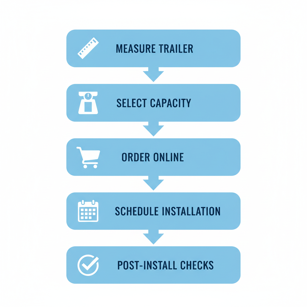 Vertical process flow diagram illustrating the five steps to acquire custom trailer axles locally, from measuring the trailer to post-installation checks