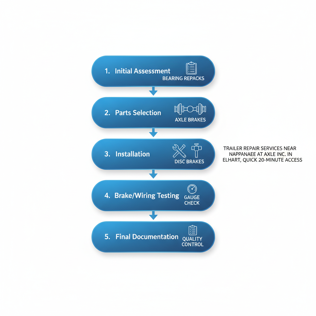 Vertical process flow diagram illustrating five stages of trailer repair services near Nappanee