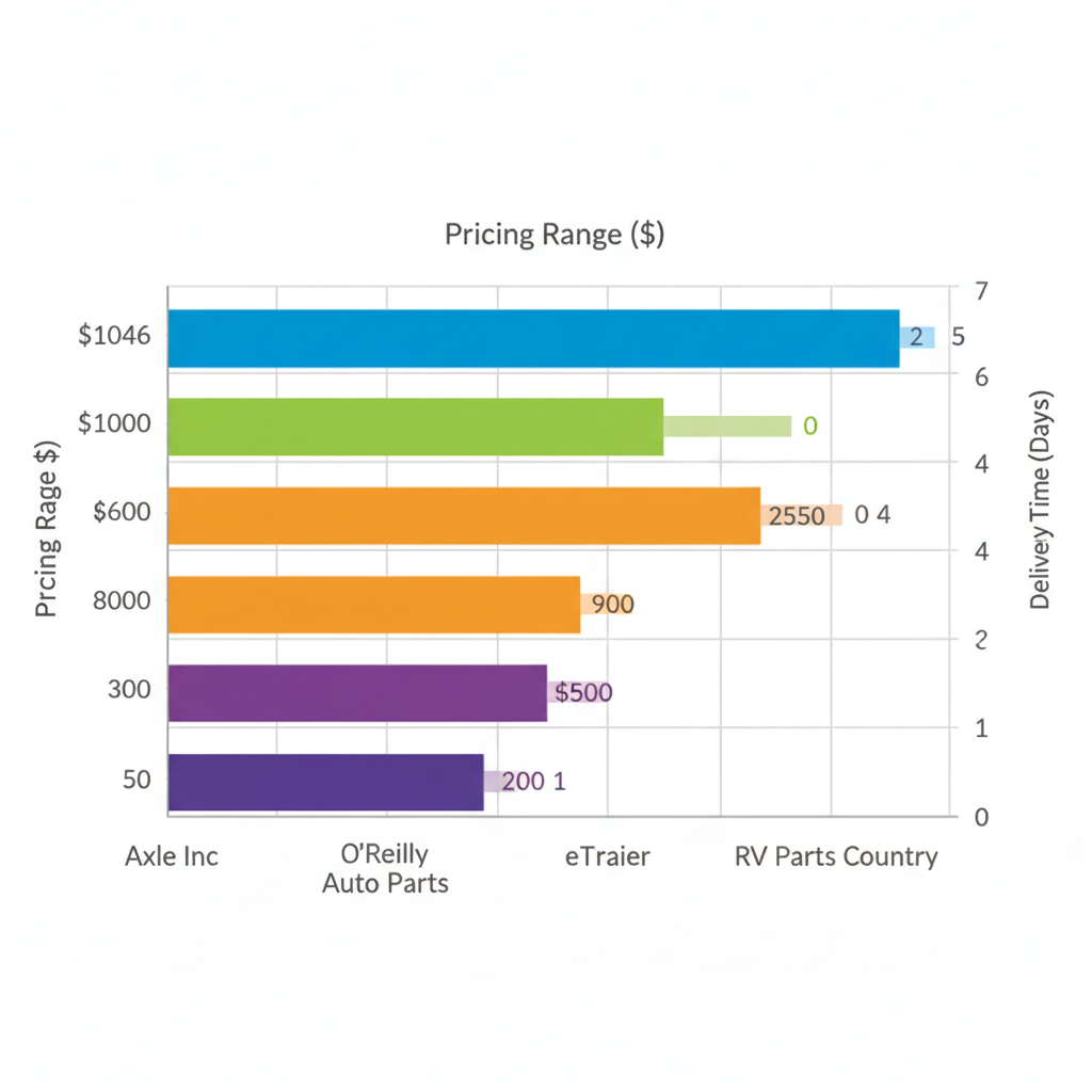Horizontal bar chart comparing pricing and delivery times for trailer parts providers in the Granger area including Axle Inc., O'Reilly Auto Parts, eTrailer, and RV Parts Country.