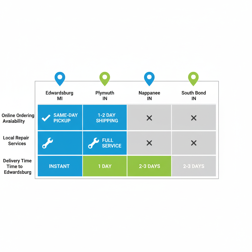 Infographic comparing trailer parts availability, repair services, and delivery times in Edwardsburg MI and nearby areas