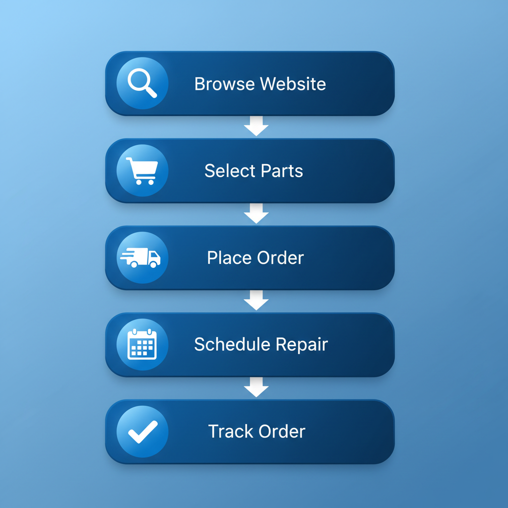Vertical process flow diagram showing steps to order trailer parts and schedule repairs at Axle Inc.